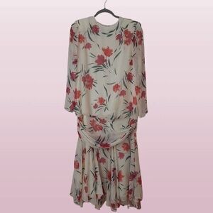 Vtg sz 16 URSULA of Switzerland Floral Dress Made in USA 1980s Cream/Pink/Green